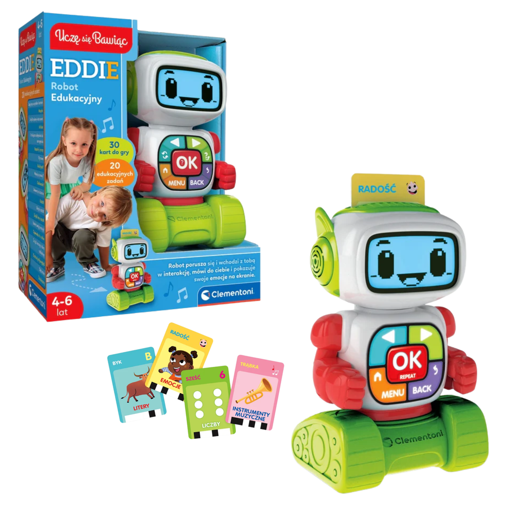 Clementoni Eddie – vzdelávací robot v češtine s LCD displejom a 30 kartami, 4–6 rokov