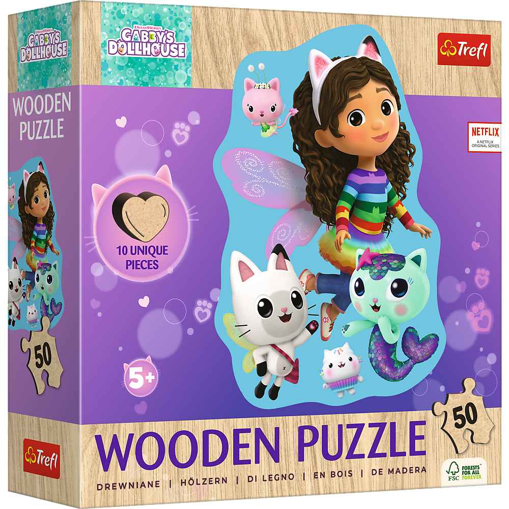 Puzzle 50 dřevěných konturových Veselá Gabby Trefl Puzzle 20260 — Celkový pohled