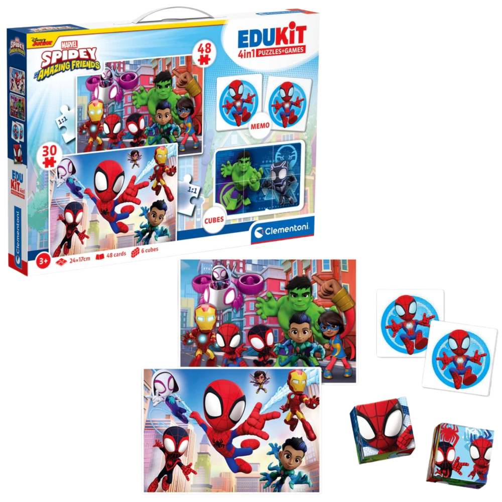 Vzdelávacia sada Clementoni Marvel Spidey: 2× puzzle, pamäťová hra a 6 kociek, 3+