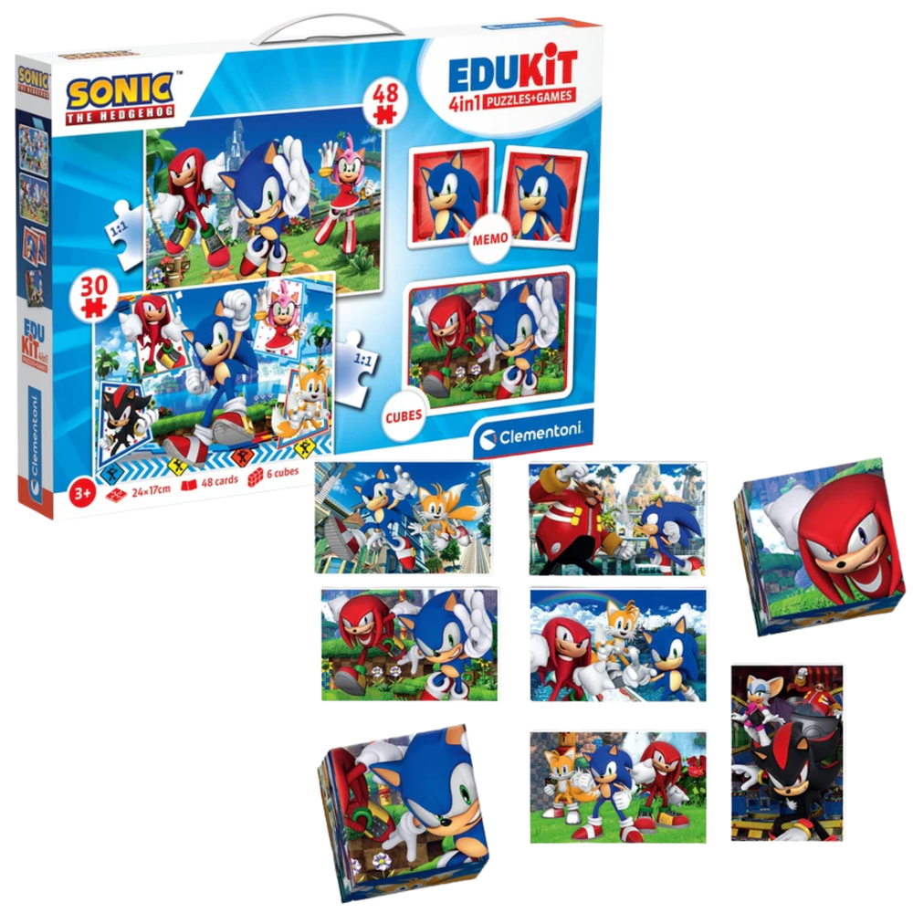 Clementoni SONIC 18318 vzdelávacia sada pre deti: 2× puzzle, memo a 6 kociek, 3+