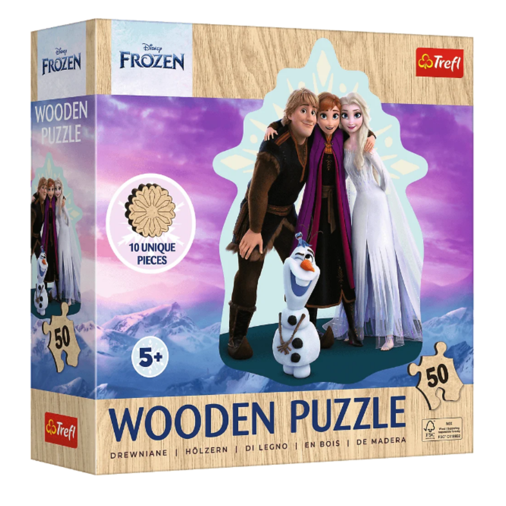 Trefl Disney Frozen drevené puzzle, 50 dielov – Obľúbené Kráľovstvo ľadu