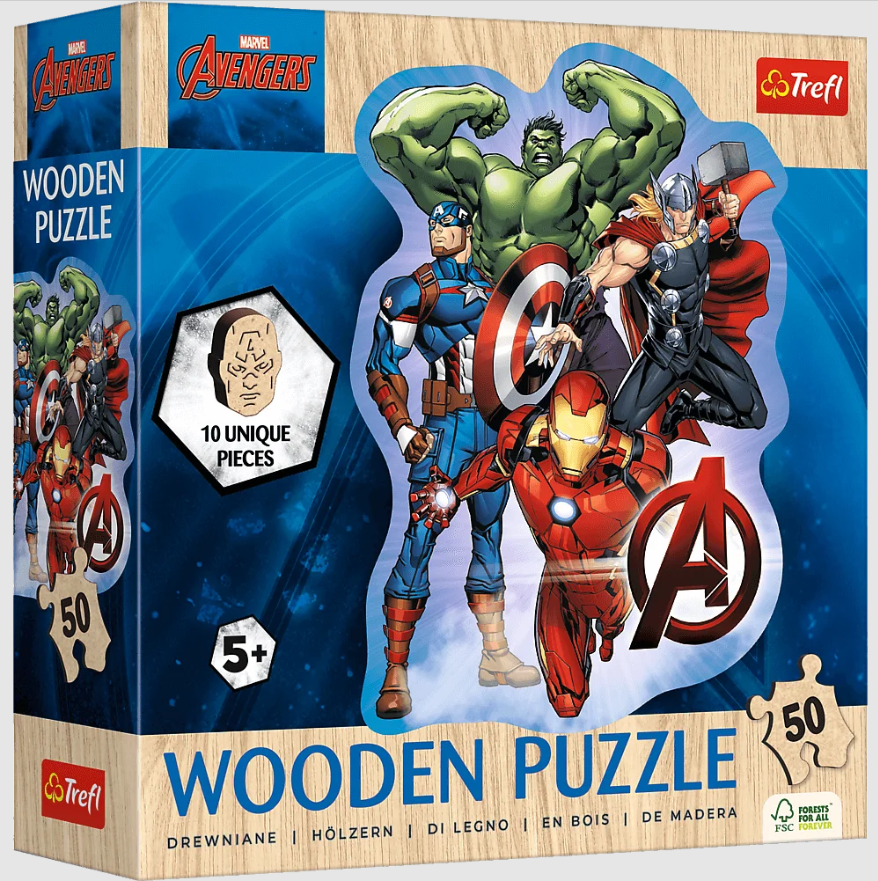 Puzzle – „50 drevených obrysových puzzle“ – Dobrodružstvo Avengers Trefl 20256