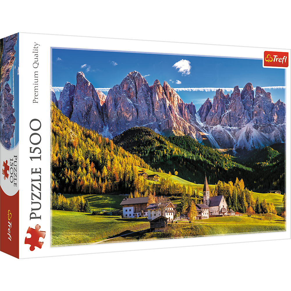 Puzzle Trefl 1500 dílků – Údolí Val di Funes, Dolomity — Celkový pohled