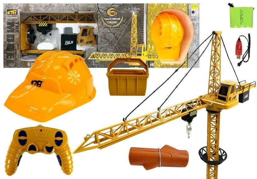 Stavební jeřáb R/C vysoký 128 cm LEAN Toys s dálkovým ovládáním a ochrannou helmu — Celkový pohled