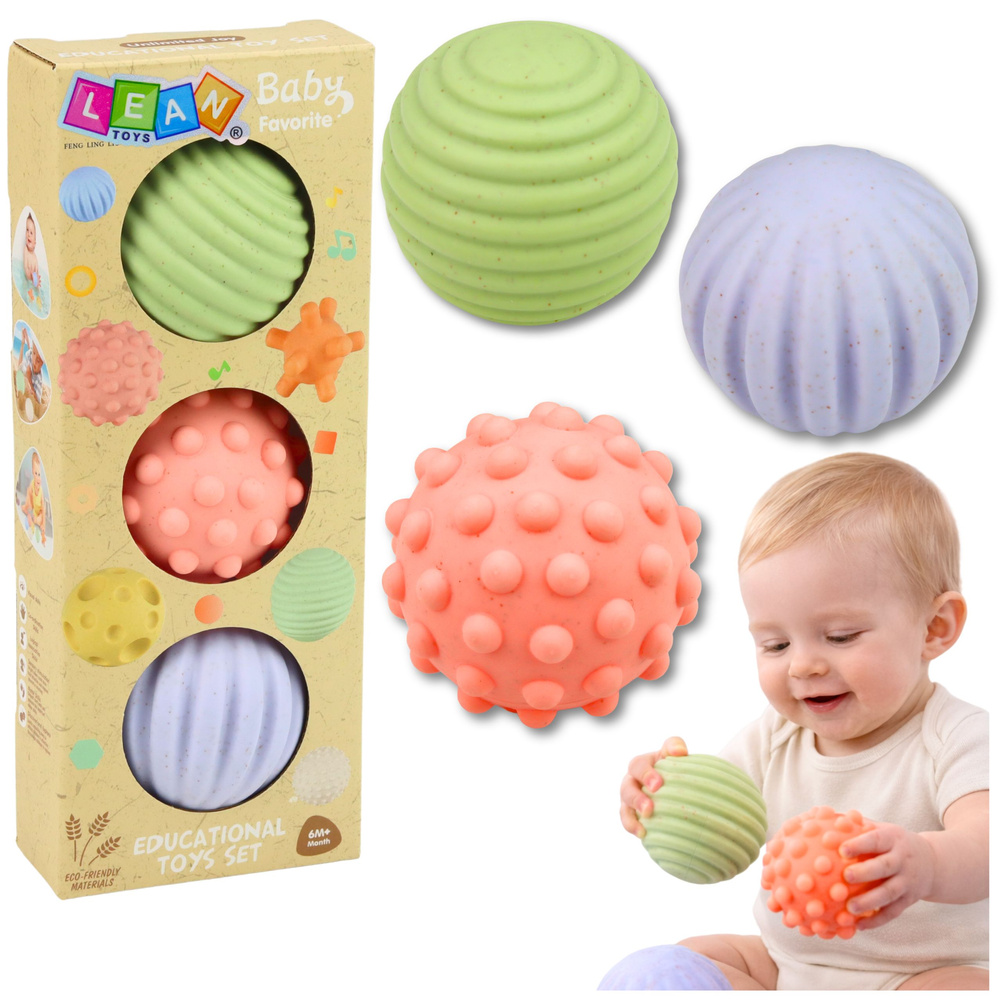 Sada pastelových senzorických loptičiek pre bábätká, 3 ks, priemer 6 cm, od 6 mesiacov