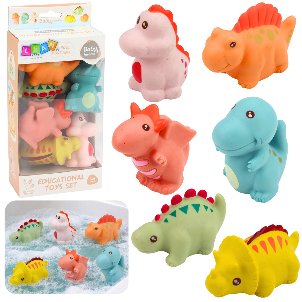 Edukativní koupací hračky LEAN Toys, 6 měkkých gumaových dinozaurů, 6m+ — Celkový pohled