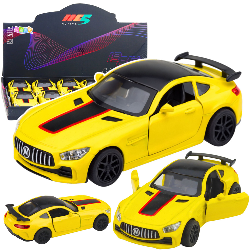 Kovové sportovní auto LEAN Toys, žluté, s otevíracími dveřmi, světly a zvuky, pro děti od 3 let — Celkový pohled