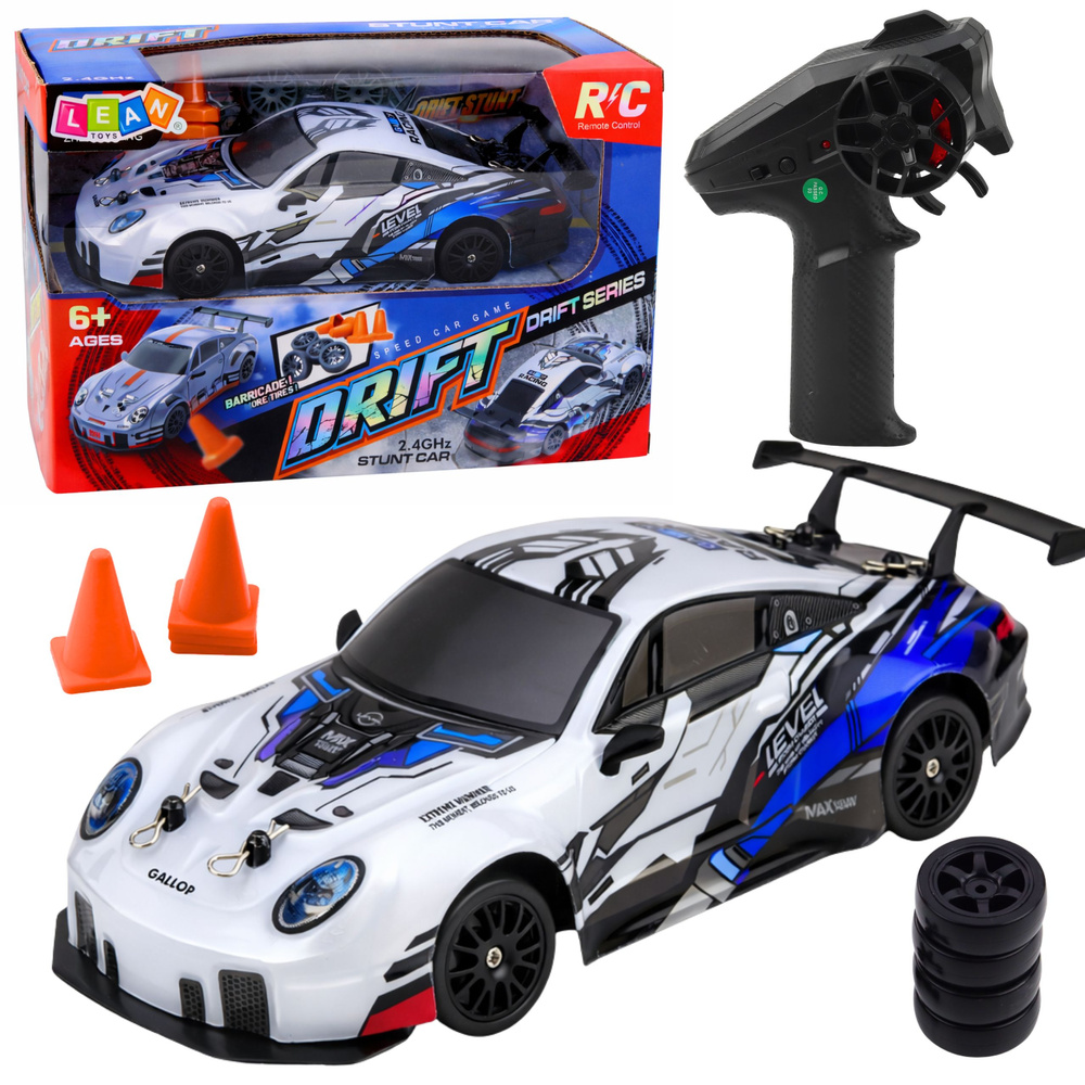 RC driftové auto v mierke 1:24 s diaľkovým ovládaním 2,4 GHz, pohon 4WD, LED, modré, vymeniteľné kolesá