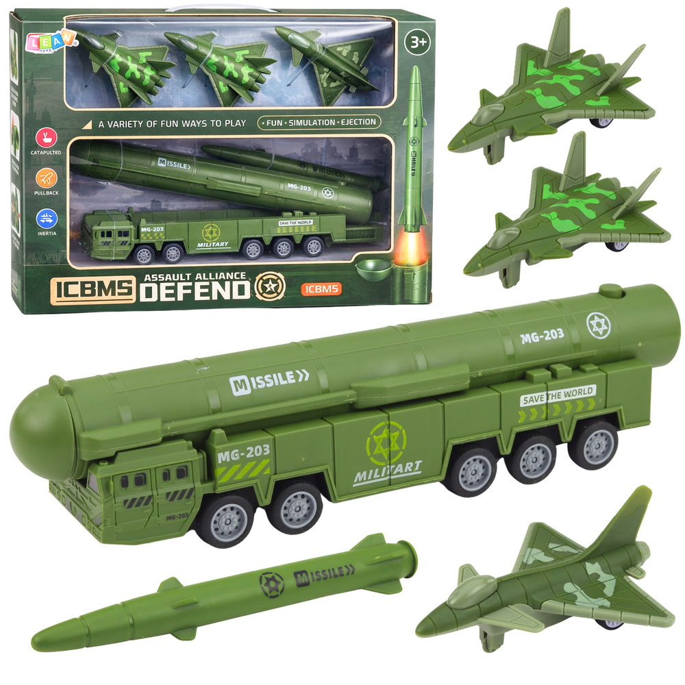Vojenská sada: nákladné auto s raketometom a stíhačky s mechanizmom pull back 3+