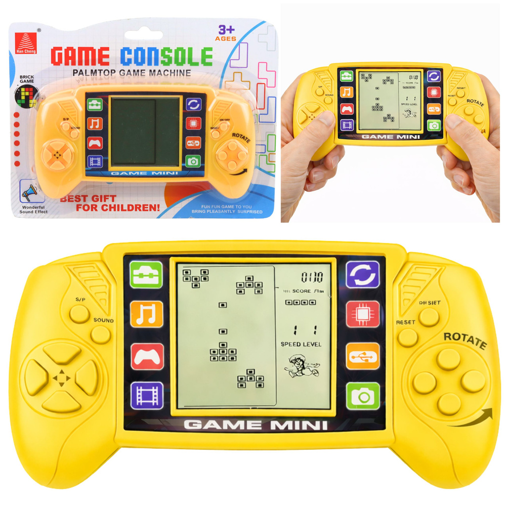 Prenosná elektronická hra Tetris – vrecková LCD konzola, žltá, na 2× AA, 17×9 cm