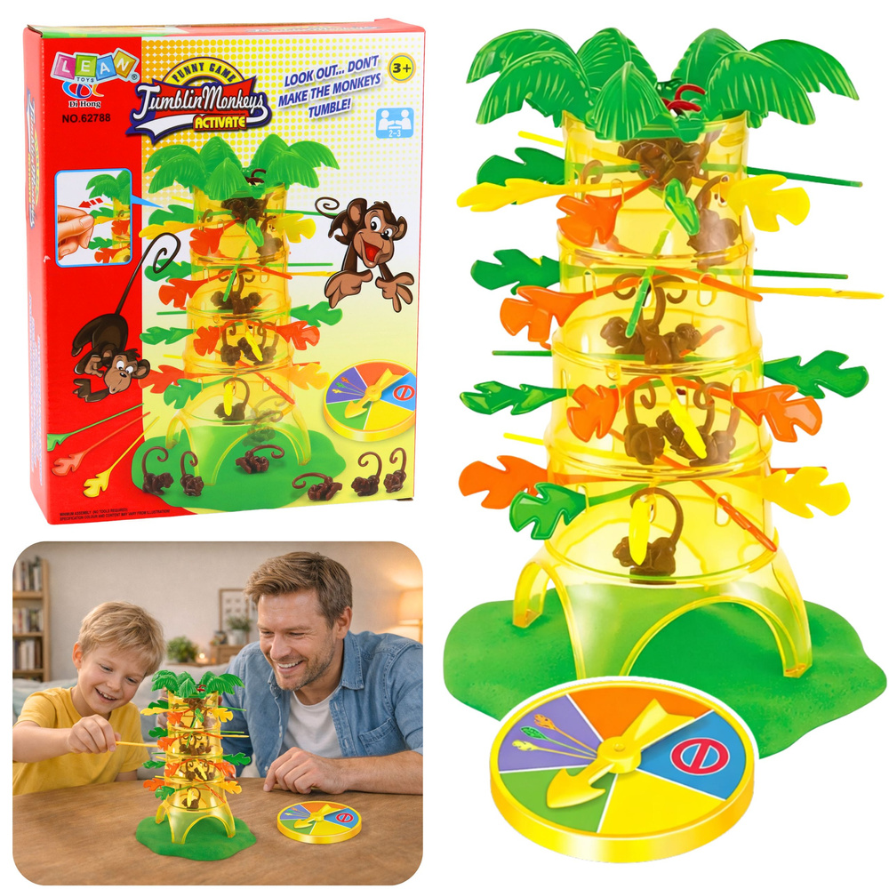 Zručnostní hra LEAN Toys Padající opičky s losovacím kolečkem, 3+ — Celkový pohled