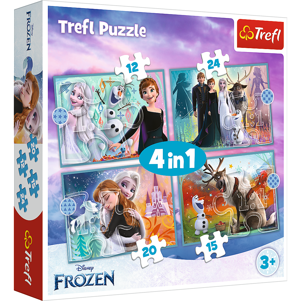 Puzzle – 4 v 1 (12, 15, 20, 24) – Neobyčajný svet Frozen – Trefl 34381