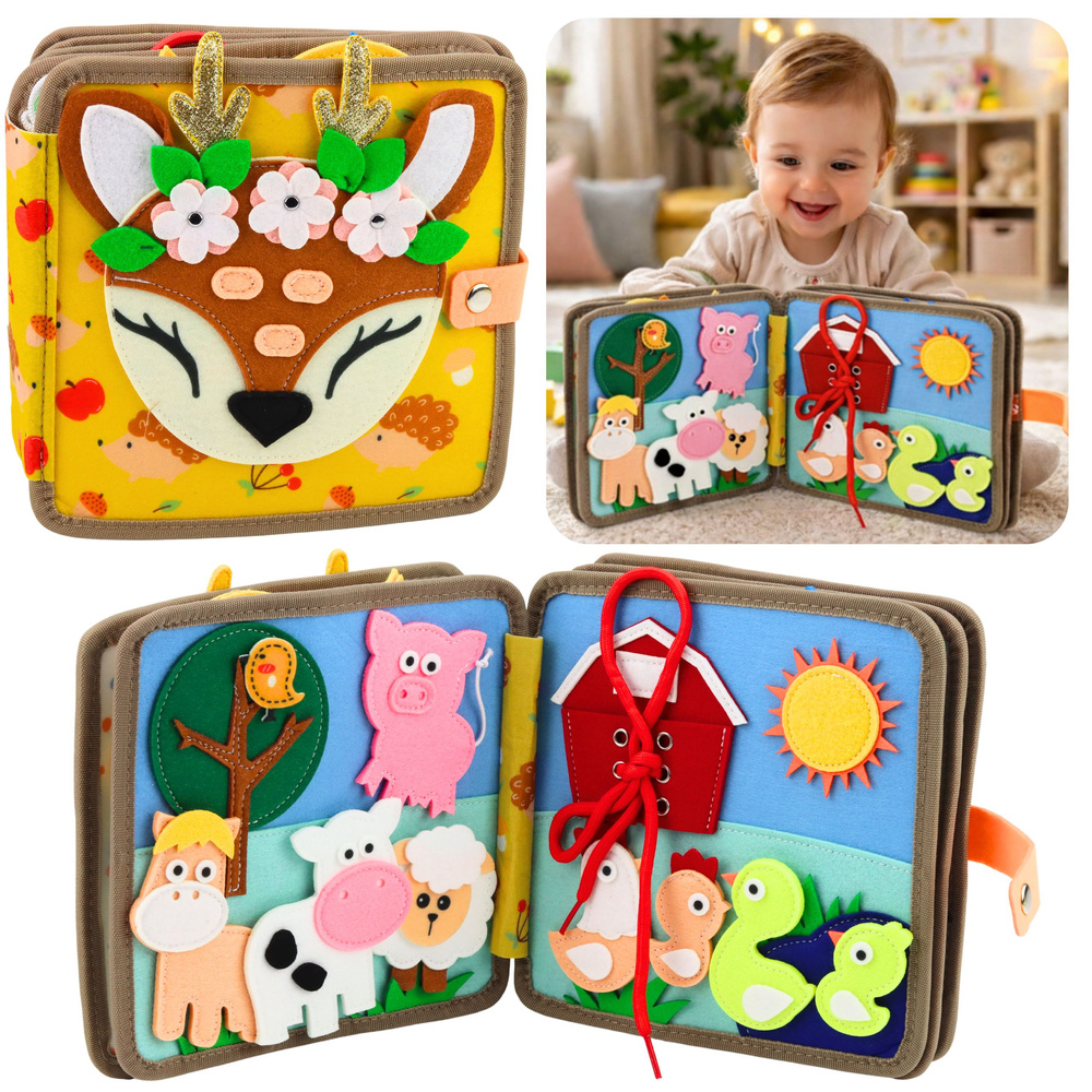 Smyslová vzdělávací filcová knížka 3D Jelínek se zvířátky 21×21 cm, 3+ — Celkový pohled