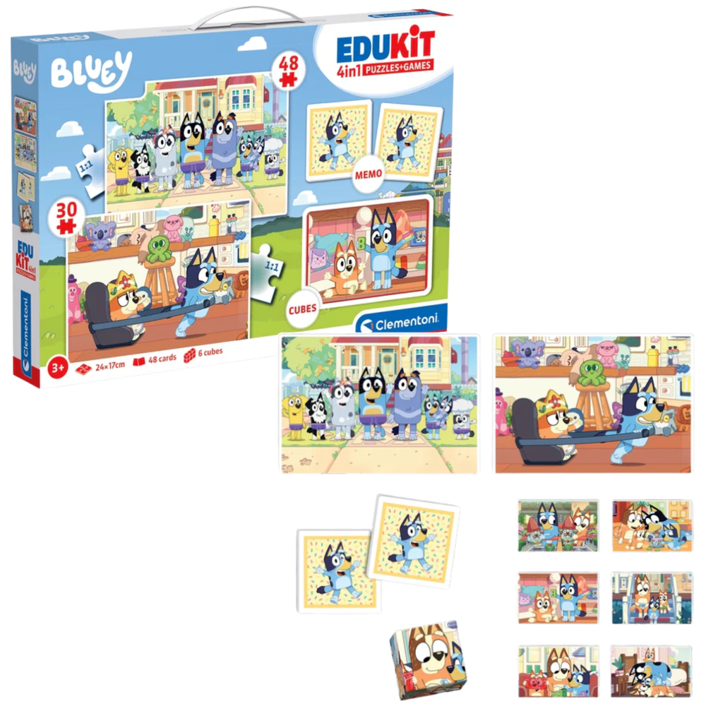 Clementoni BLUEY 18320 edukativní sada: puzzle, memo a obrázkové kostky 3+ — Celkový pohled
