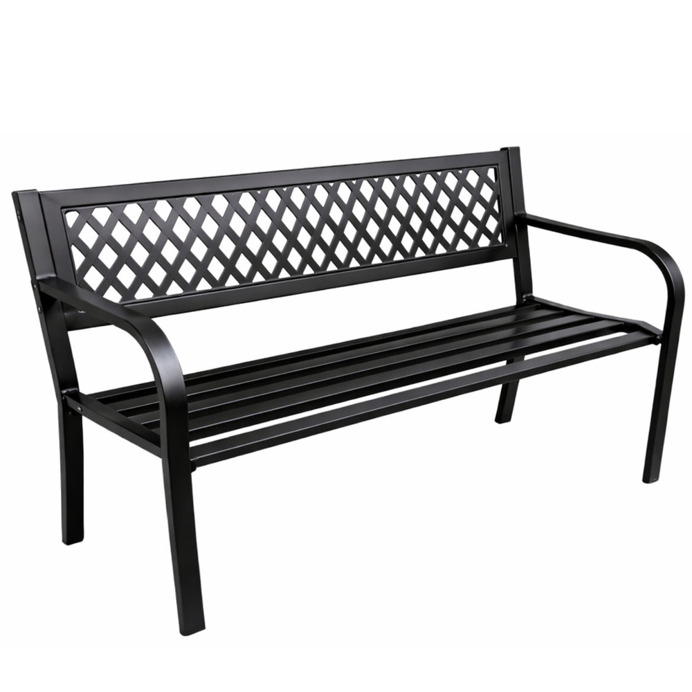 Kovová zahradní lavice s opěradlem 120 cm, černá, práškově lakovaná, CE — Celkový pohled