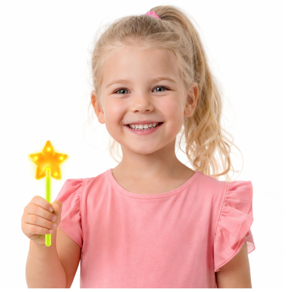 Svítící hůlka LEAN Toys ve tvaru hvězdy, bez baterií, vhodná od 3 let — V provozu