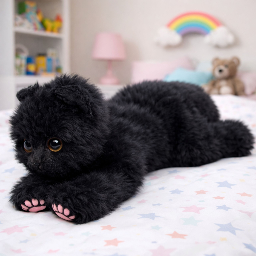 Plyšová kočka ležící černá 38 cm – hebká mazlící hračka pro děti 3+ — Detail