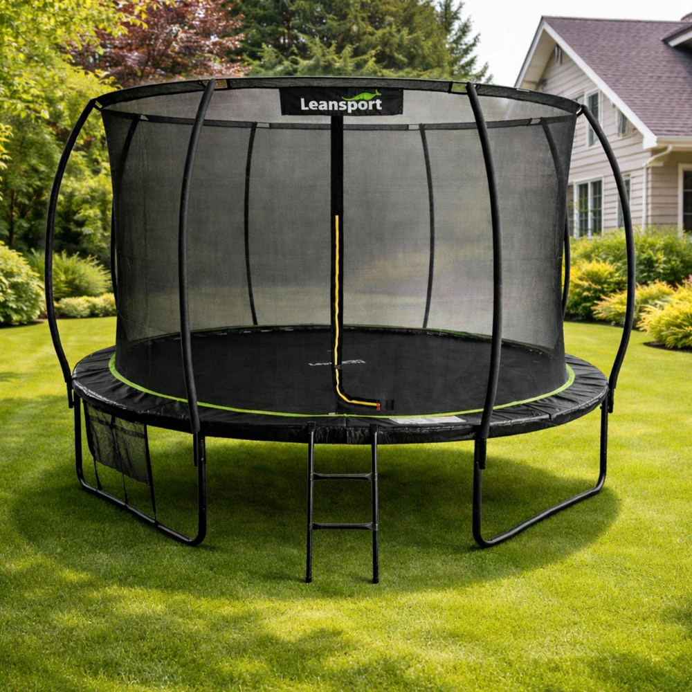 Zahradní trampolína LEAN s vnitřní sítí, 427 cm, černo-zelená — V provozu