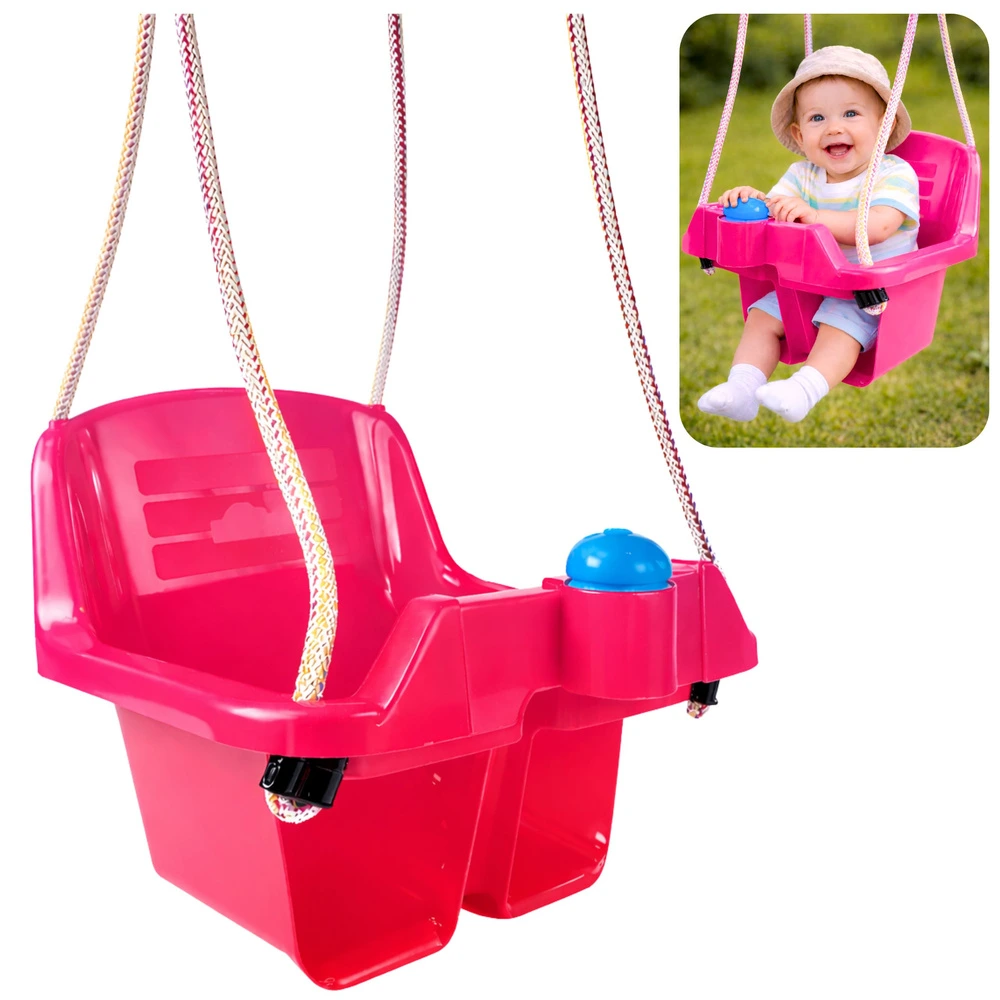 Růžová kyblíková dětská houpačka s bezpečnostní zábranou a klaksonem, 19 kg