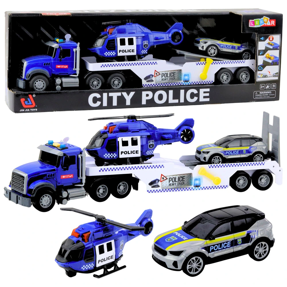 Policejní hra s kamionem, helikoptérou a autem od LEAN Toys, světelné a zvukové efekty, vhodné pro děti od 3 let — Celkový pohled