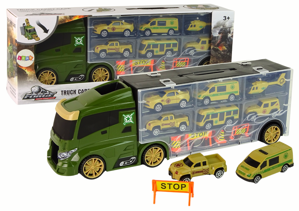 Automobilová laweta s navesom a autíčkami LEAN Toys - kufor na prepravu 6 aut s dopravnými značkami