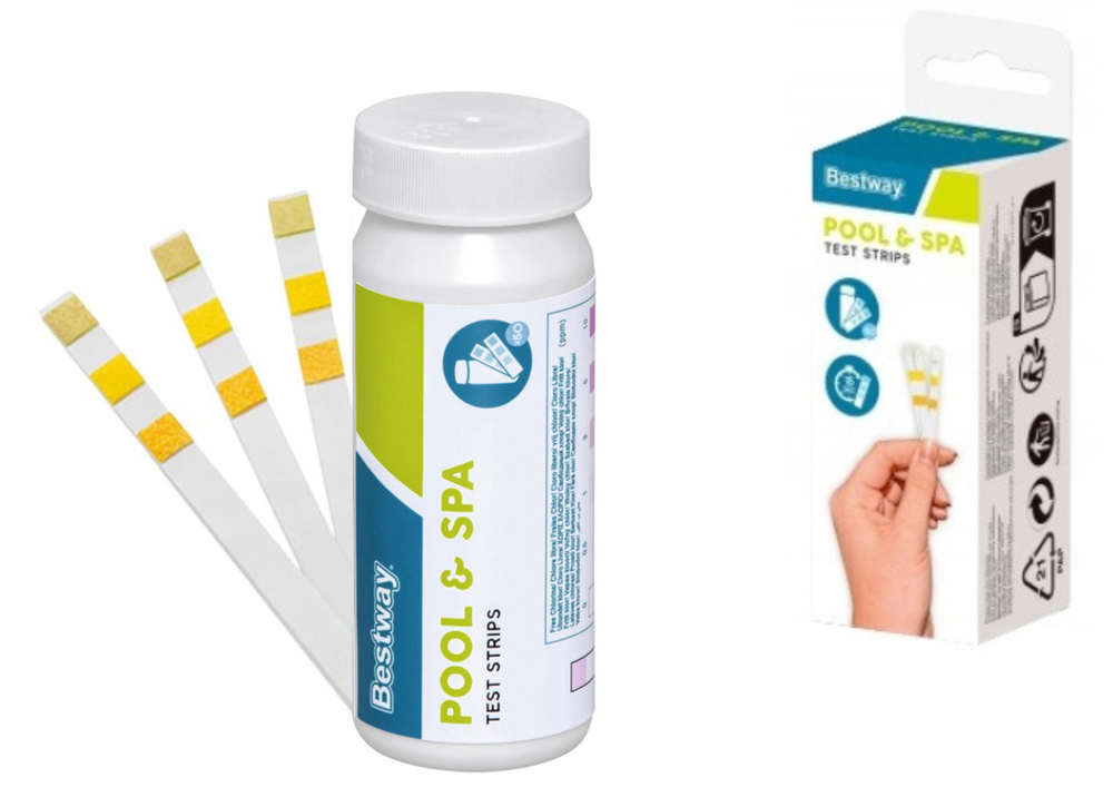Tester pH a chloru BESTWAY 58142 - trojfunkčné testovacie prúžky na meranie kvality bazénovej vody, 50 ks