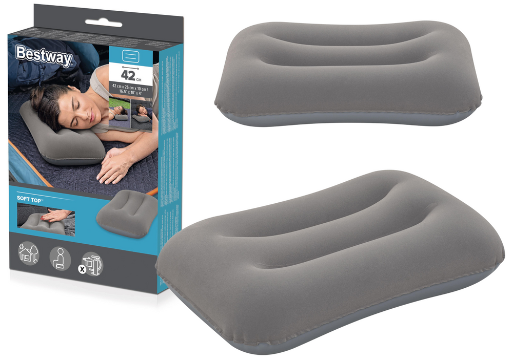 Nafukovací sametový polštár Bestway 67121 šedý 42×26 cm s velurovou úpravou