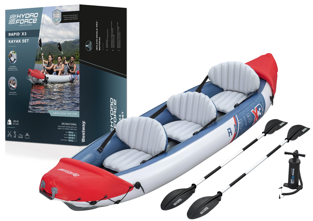 Trojmiestny nafukovací kajak Bestway 65132, 381 × 100 cm, nosnosť 250 kg, s pádlami a pumpou
