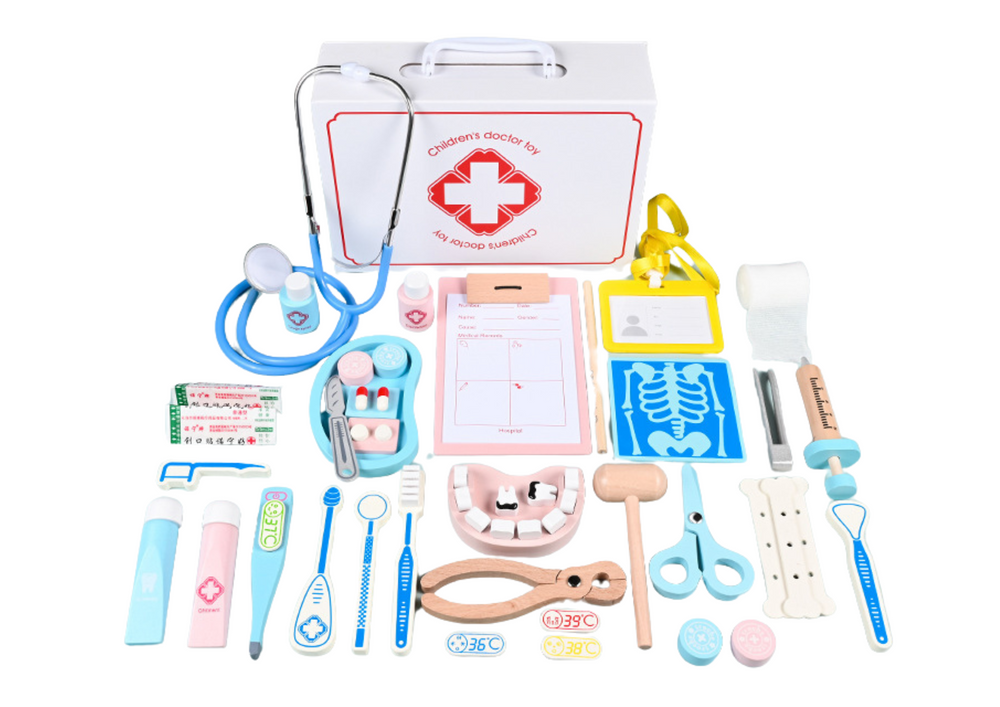Dřevěná lékařská sada LEAN Toys - 43 dílů - kompletní set pro malé lékaře a zubaře