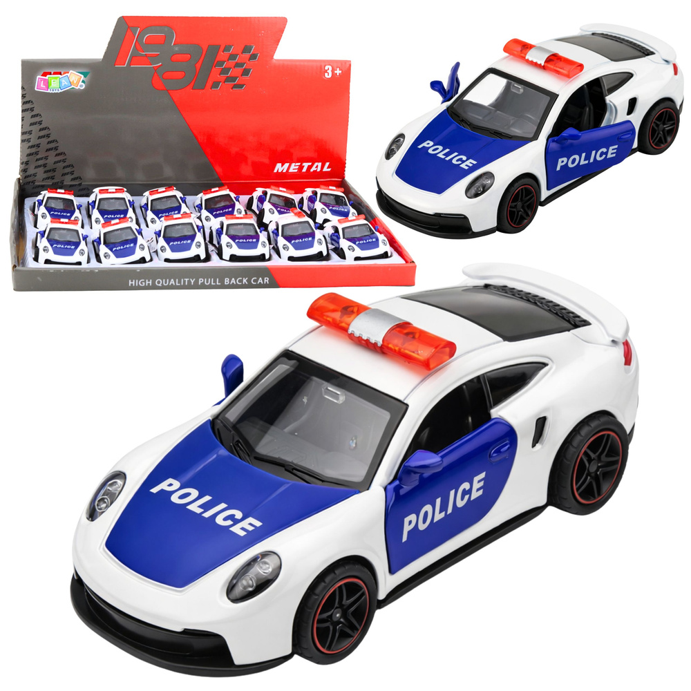 Kovové športové policajné autíčko v mierke 1:43, s odrazovým mechanizmom, otvárateľné dvere, biele