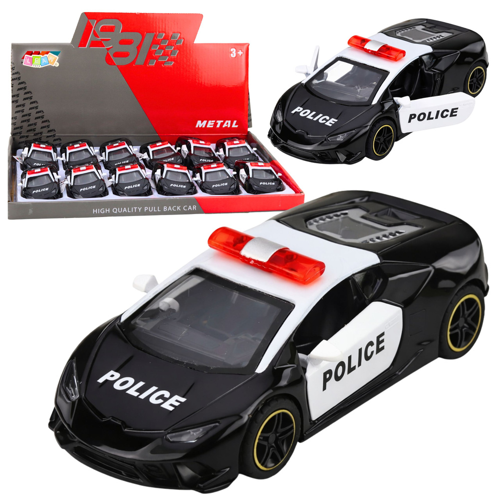 Kovové športové policajné autíčko v mierke 1:43 s pull-back pohonom a otvárateľnými dverami