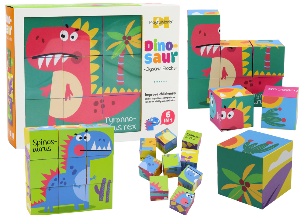 Vzdělávací Puzzle 6v1 Kostky Skládačka 6 Obrázků Dinosauři 9 ks