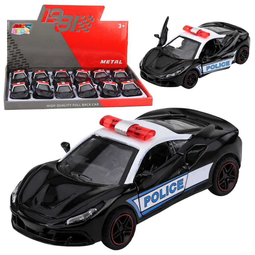 Kovové športové policajné autíčko v mierke 1:43 s pull-back pohonom, čierne, s otvárateľnými dverami