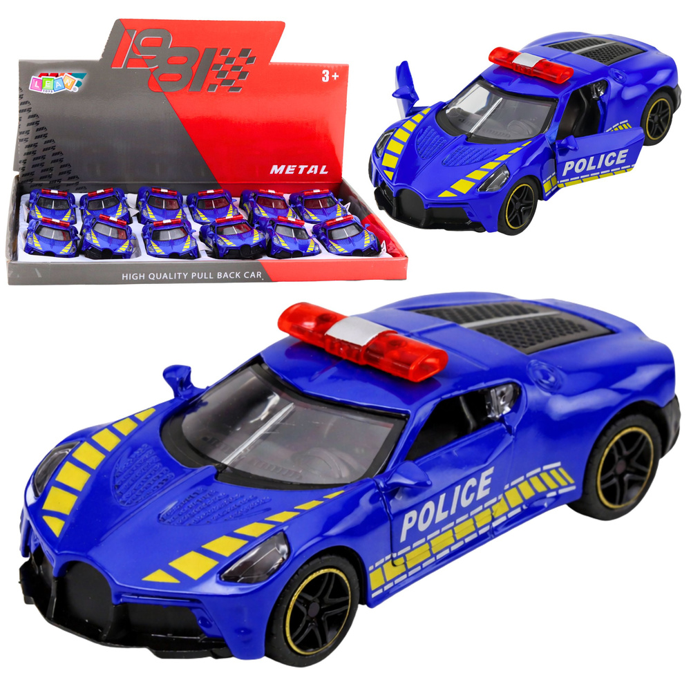 Športové policajné autíčko, modré, mierka 1:43, kovové, s spätným chodom, otvárateľné dvere