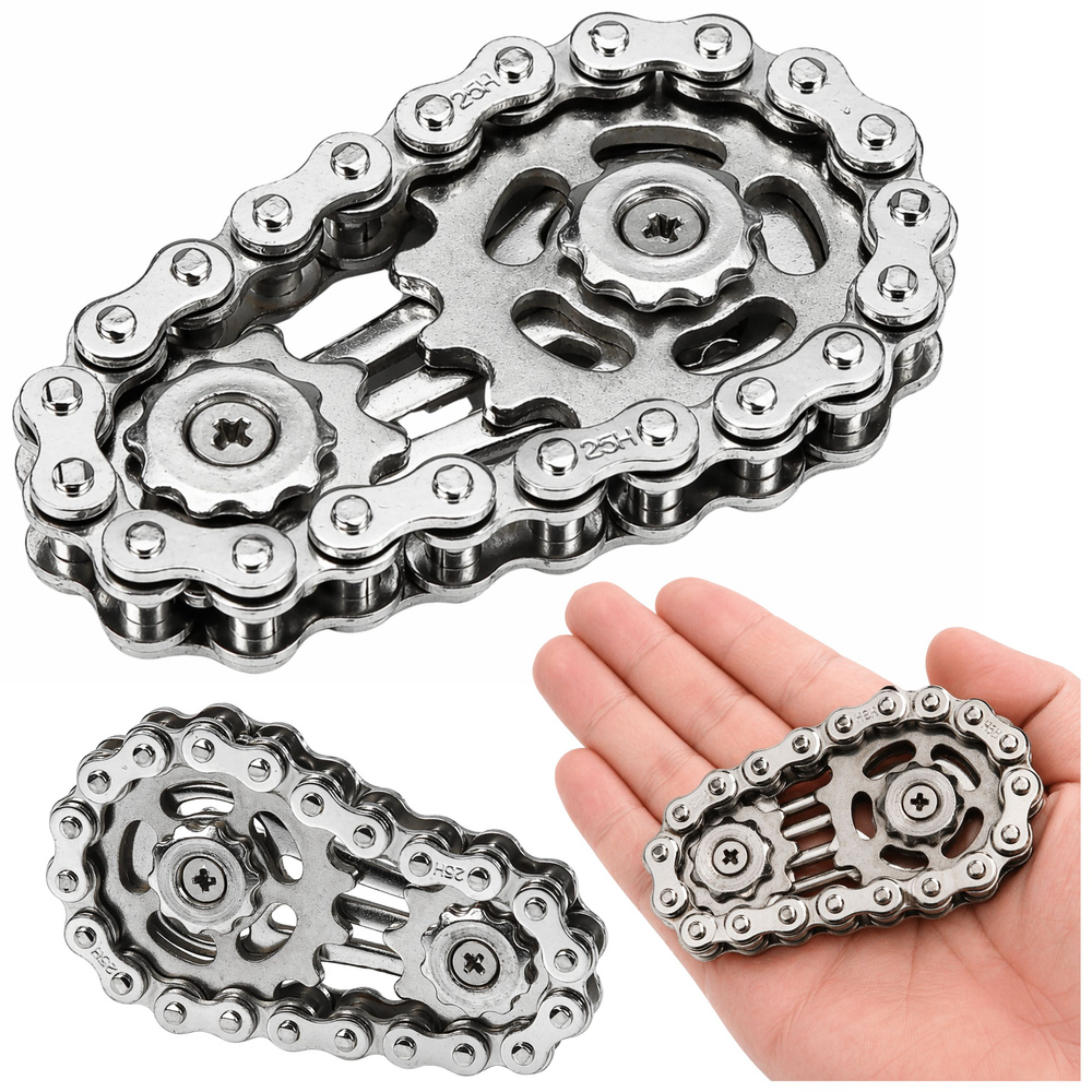 Antistresový fidget spinner na retiazke s ozubenými kolieskami z nehrdzavejúcej ocele, strieborný, 6×4 cm
