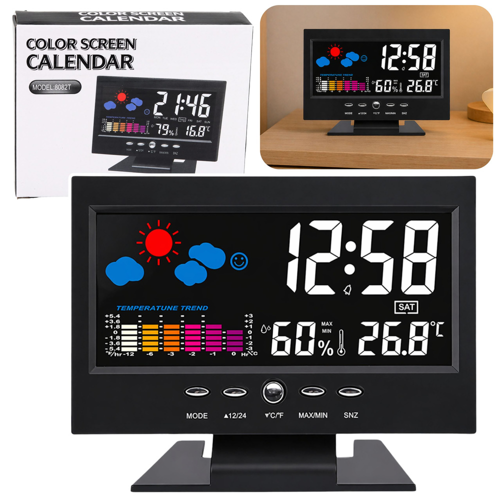 Digitálne LED hodiny s teplomerom a vlhkomerom, vnútorná meteorologická stanica, čierne
