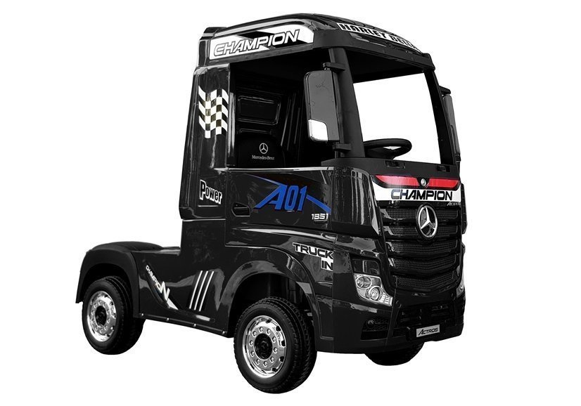 Detské elektrické autíčko Mercedes Actros, čierne lakované – nákladné autíčko s akumulátorom pre deti