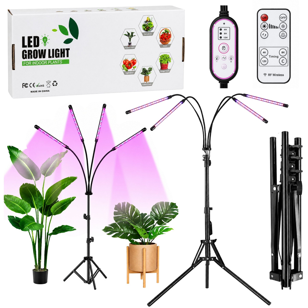 LED pestovateľská lampa na statíve so 4 panelmi, plné spektrum, časovač, diaľkové ovládanie