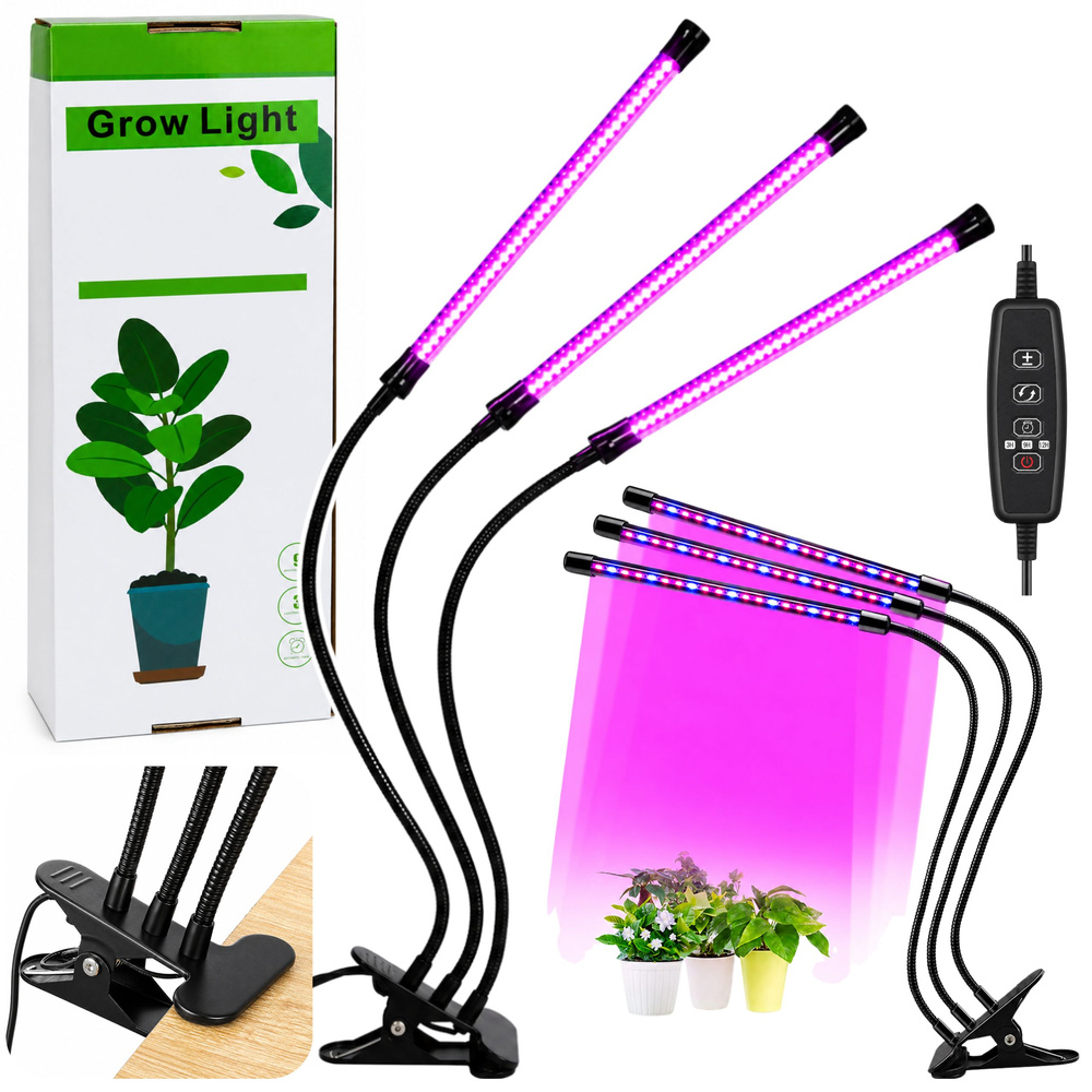 LED rastová lampa pre rastliny 30 W, 3 moduly, spona, časovač, USB adaptér