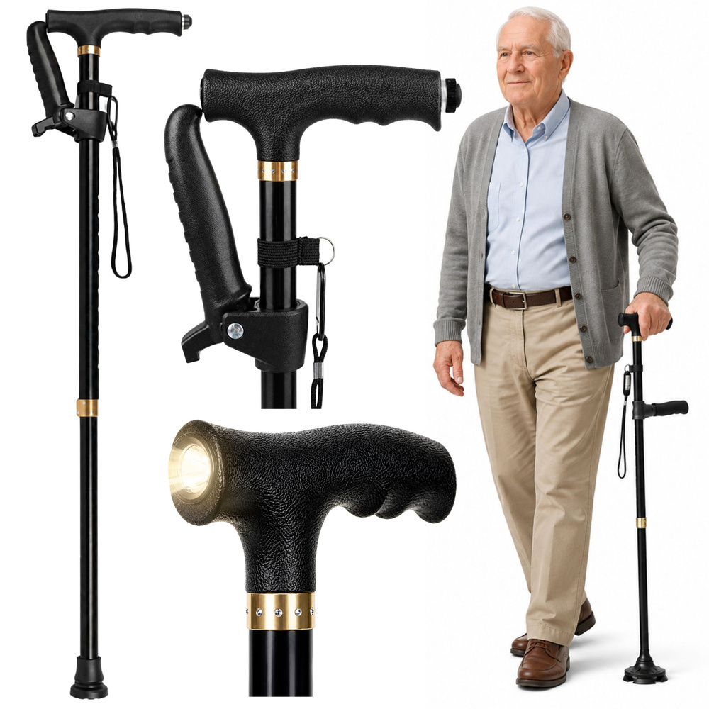 Skladateľná nastaviteľná vychádzková palica s LED svietidlom, čierna, 80–100 cm