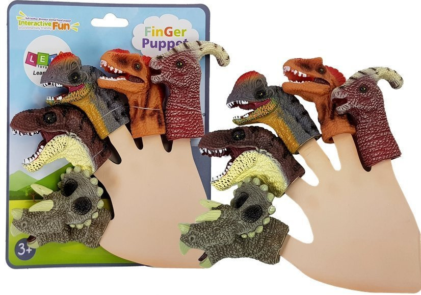 Dinosaurové nástavce na prsty 5 dielov LEAN Toys - prstové loutky z pružnej gumy pre deti 3+ rokov