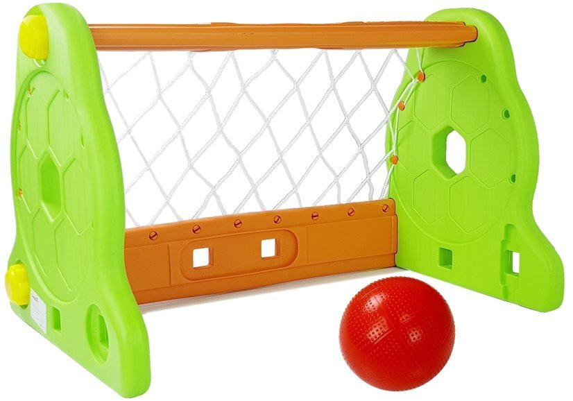 Detská futbalová bránka Lean Toys v zeleno-oranžovej farbe s loptou a sieťou – odolná konštrukcia na hranie vonku