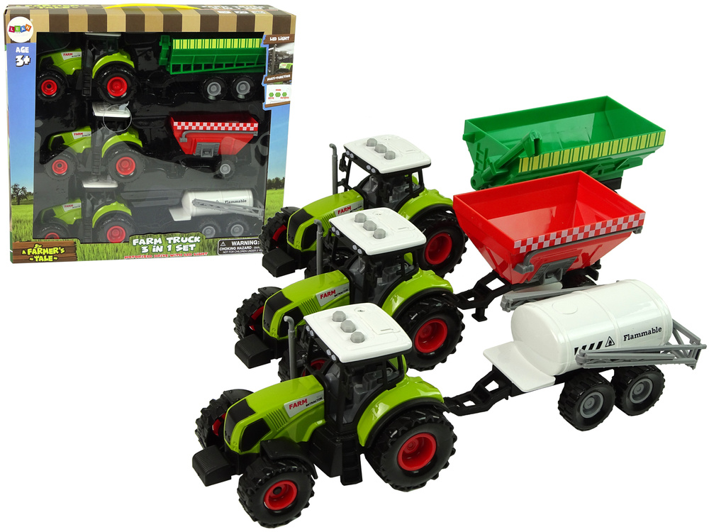Traktory LEAN Toys s přívěsy pro zemědělství, 3 kusy, věk 3+ — Celkový pohled