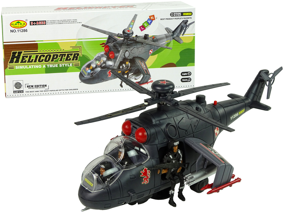 Vrtulník s obřími křídly LEAN Toys - černý vojenský s LED světly a zvuky
