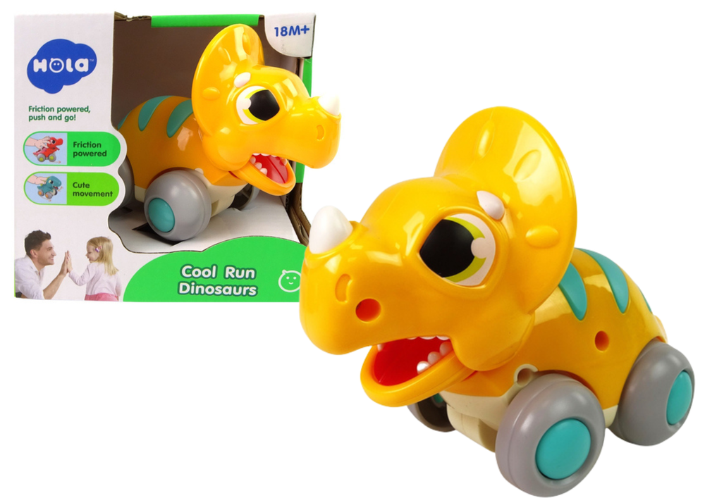 Dinosaur Triceratops na kolečkách LEAN Toys žlutý 13cm - třecí pohon s gumovými koly pro děti od 18 měsíců