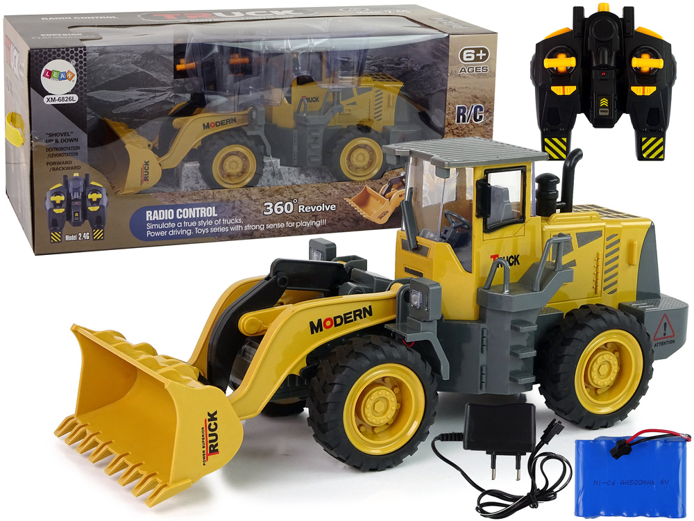 Velký RC bagr s nakladačem LEAN Toys 1:16 s LED světly a akumulátorem - dálkově ovládaný stavební stroj