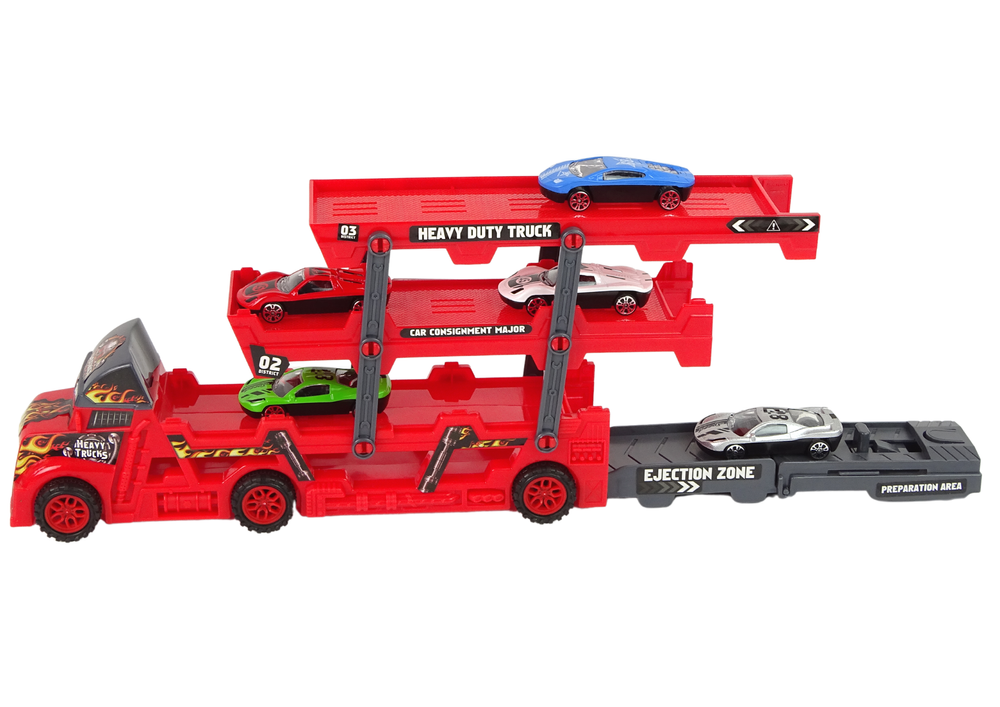 Nákladní Auto Přepravník LEAN Toys 3patrový s Výsuvnou Rampou a 6 Autíčky Červený