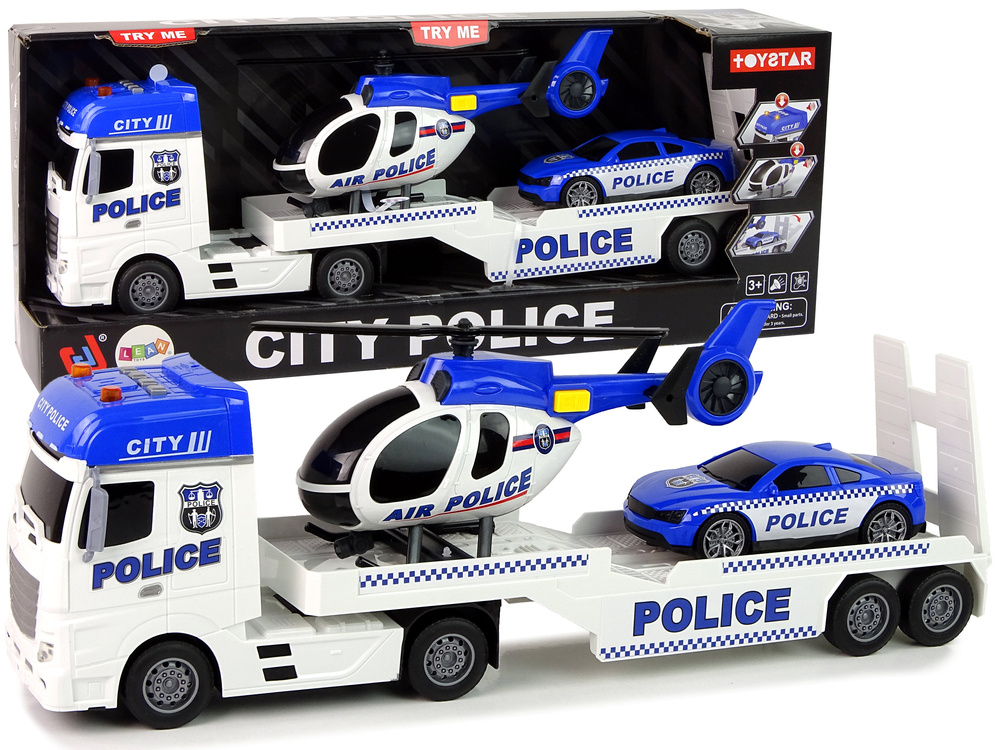 Policejní sada LEAN Toys kamion s prívesom a vrtuľník so zvukmi a svetlami pre deti od 3 rokov