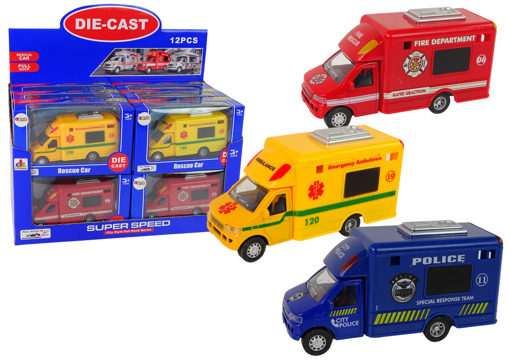 Záchranná vozidla s třecím pohonem 3ks LEAN Toys - Policie, Hasiči, Sanitka pro děti 3+