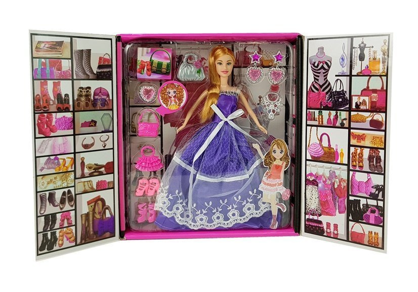 Panenka LEAN Toys v fialových šatech s kabelkami a šperky 28 cm — V provozu